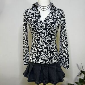 Vtg INC Black White Mesh Lace Blouse Top 90s Y2K WhimsyGoth Fairy Stretch S